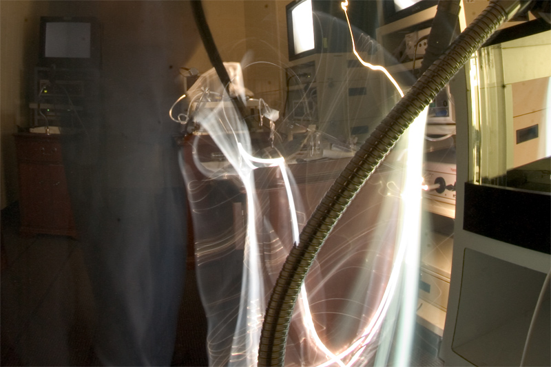 A photograph created with a long shutter captures light degradation in the light cables of old laparoscopic systems now relegated to the lab. When the image quality is not optimal during a laparoscopic case, there can be many sources to the problem. The problem can be in the scope (or the lens system), the camera (the recording device), the monitor (the device that displays the information), or the light cable that is providing the amount of light needed to illuminate the entire abdomen through a very small opening